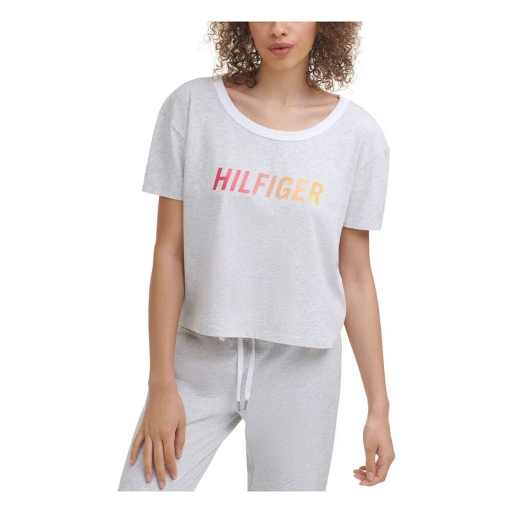 TOMMY HILFIGER SPORT Womens Gray Collar Breathable Logo Short Sleeve T-Shirt XS